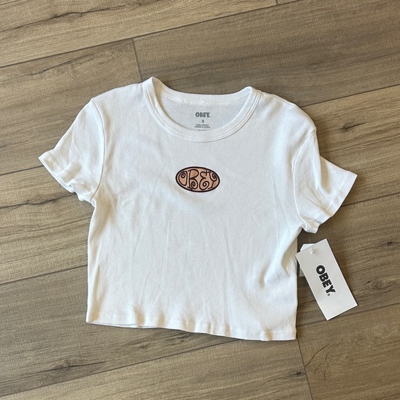 Obey Tops - Obey ribbed White Tee with Brown Logo